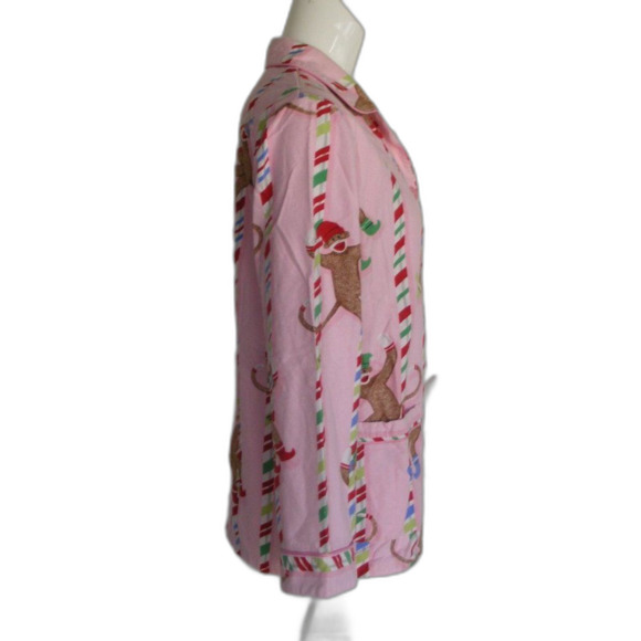 NICK & NORA Pajama Top, M, Pink, Sock Monkeys Climbing Peppermint striped poles - Picture 7 of 10